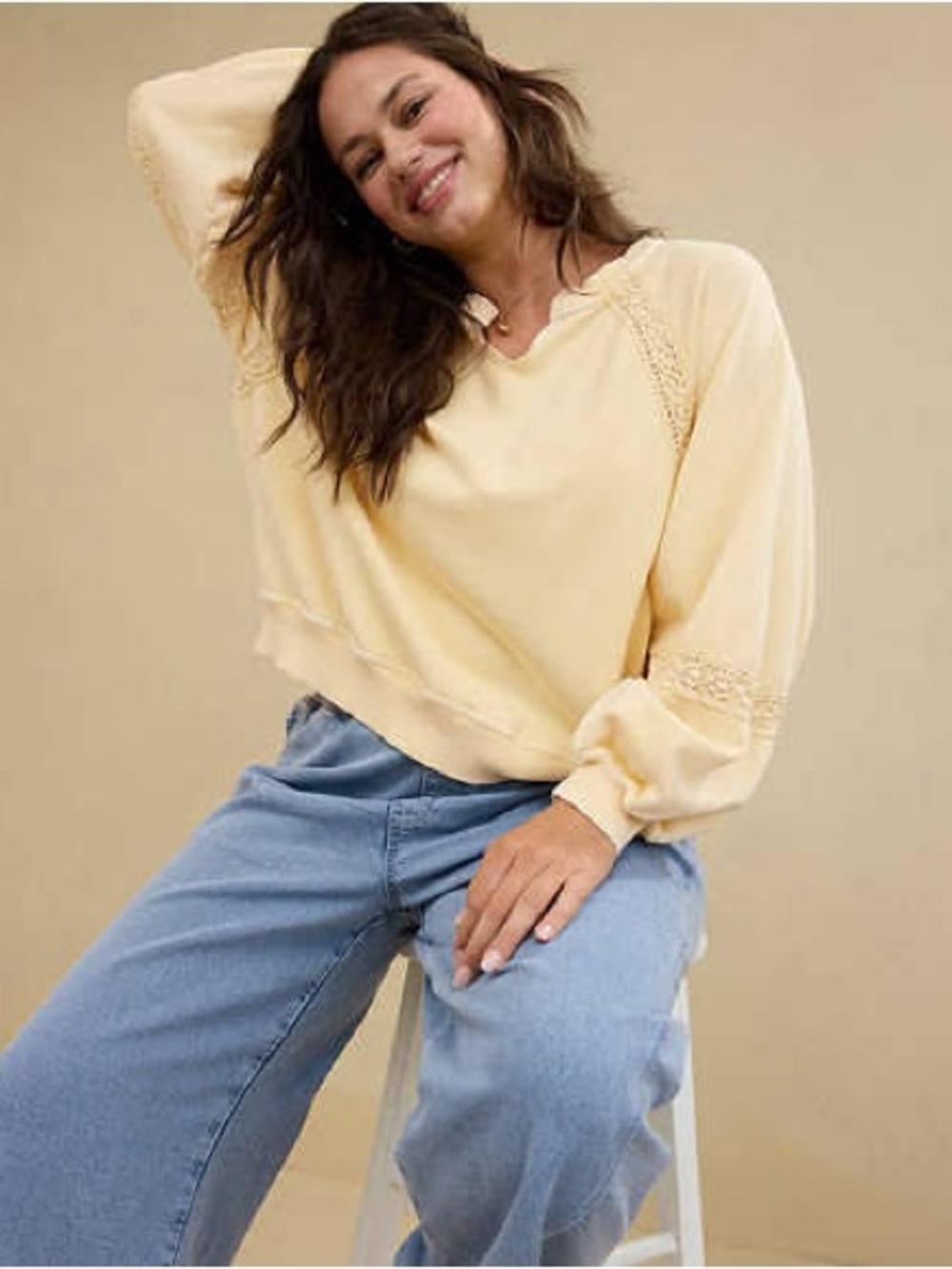 aerie Hey Crochet Sweatshirt Lace Trim Yellow